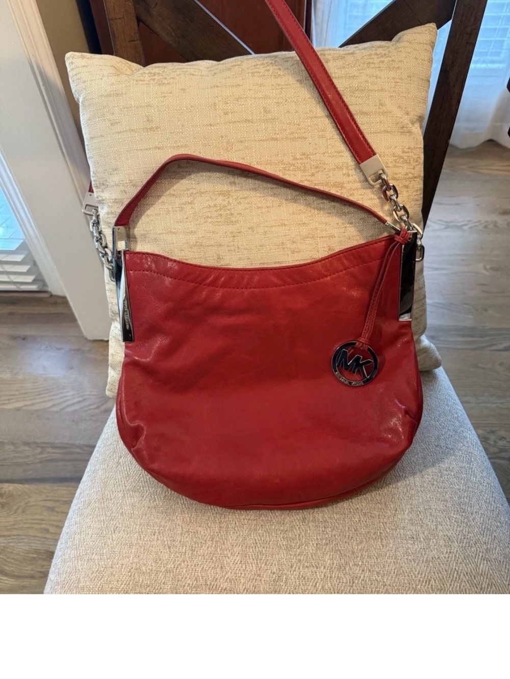Michael Kors Red Leather Hobo Shoulder Bag with MK Charm
